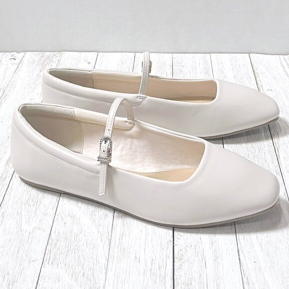 New Womens Bone Beige Square Toe Mary Jane Ballet Flats - Picture 1 of 5